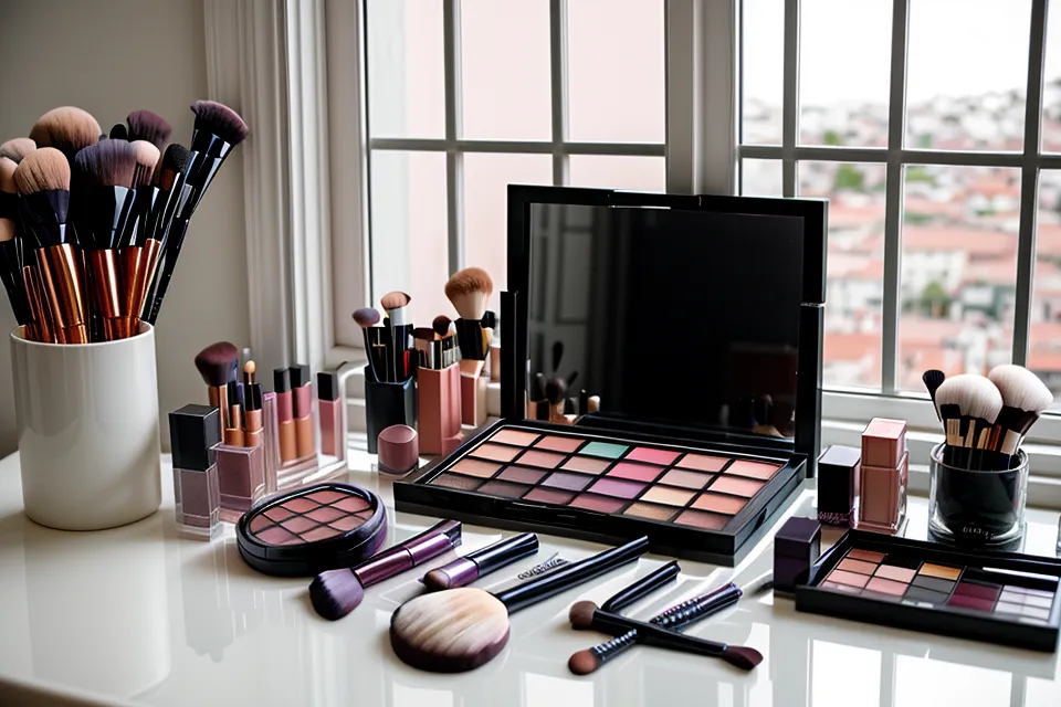 Paleta de sombras oscuras y herramientas de delineado bajo luz fría de estudio.
