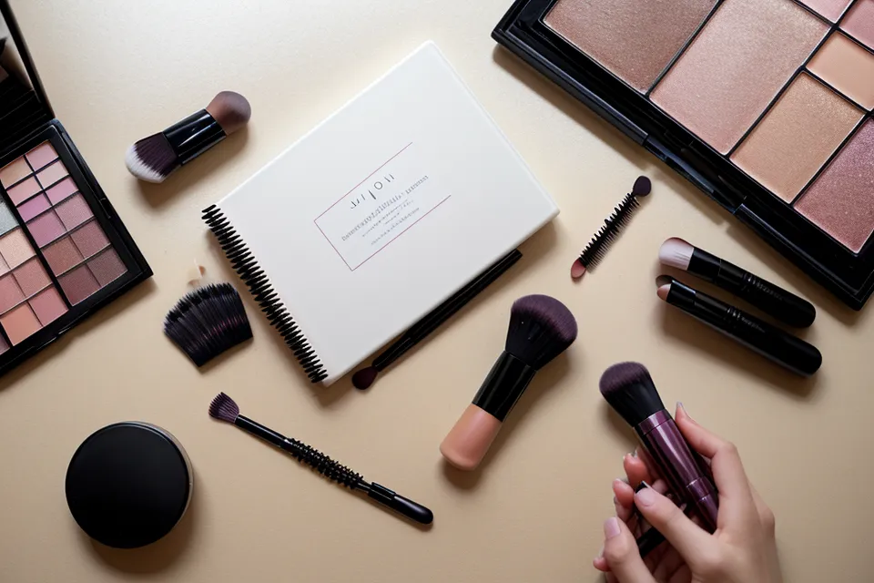 Pincel de maquillaje editorial junto a una agenda de trabajo administrativo, contraste entre la rutina de oficina y el automaquillaje de fin de semana.
