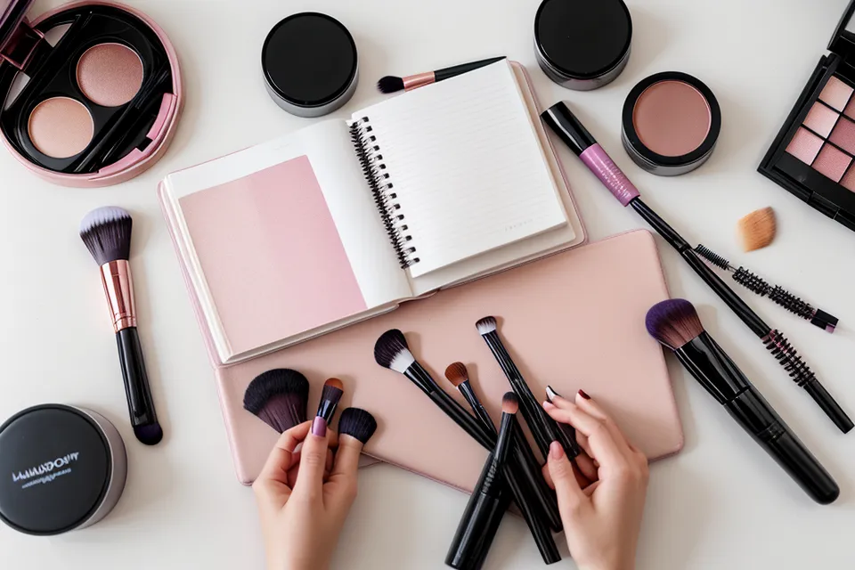 Brocha de maquillaje plana con restos de sombra editorial sobre un plato de cerámica, ritual de automaquillaje de fin de semana.